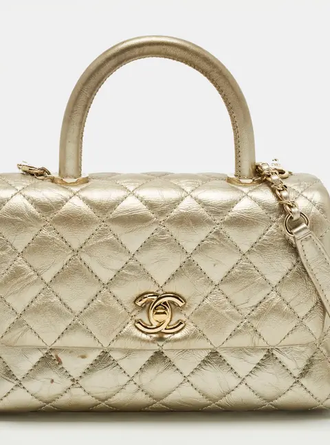 Chanel Coco Handle Mini Gold Quilted Aged Leather Top Handle Bag