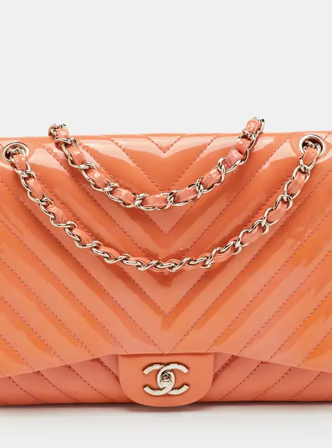 Chanel Peach Jumbo Chevron Patent Leather Classic Single Flap Bag