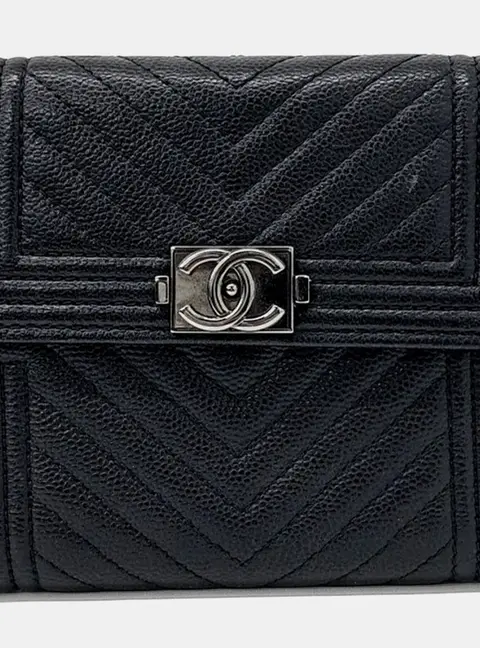 Chanel Boy Compact Black Caviar Leather Flap Wallet