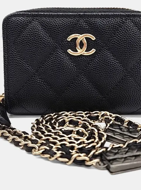 Chanel Quilted Caviar Miss Coco Black Grained Calfskin Leather Card Holder Bag