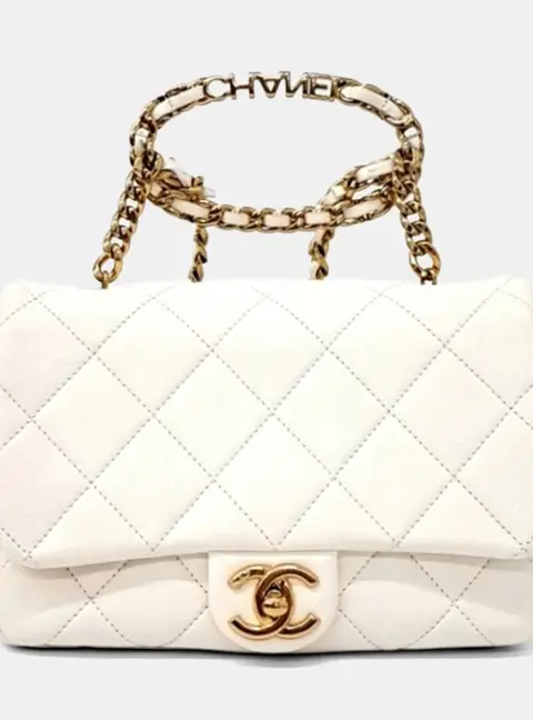 Chanel Mini Small White Lambskin Leather Top Handle Bag