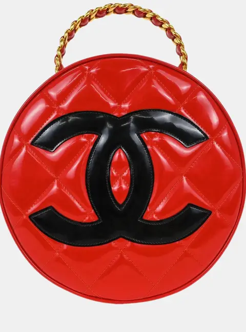 Chanel Vintage 1995 Red Patent Leather Black CC Round Vanity Top Handle Bag