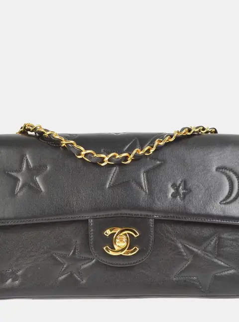 Chanel Vintage Astronomy Medium Black Lambskin Leather Single Flap Shoulder Bag