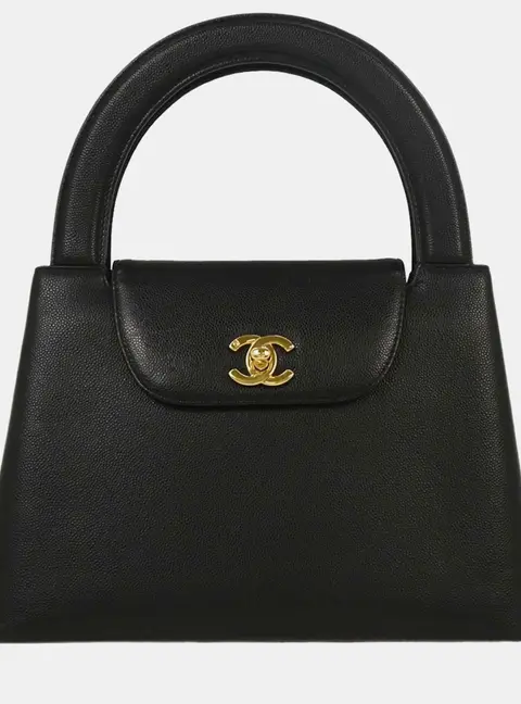 Chanel Vintage Mini Kelly Black Grained Caviar Leather Top Handle Bag