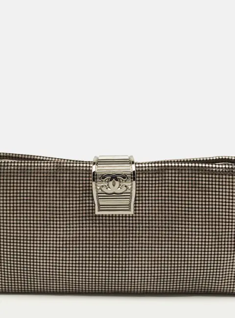 Chanel CC Fold Over Silver Chainmail Leather Clutch