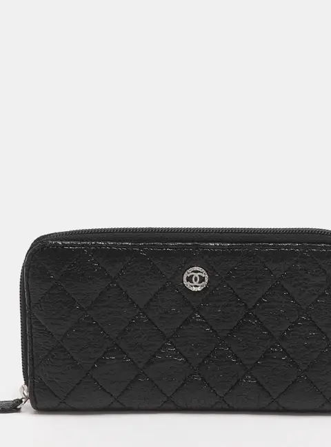 Chanel CC Black Quilted Coated Tweed Zip Around Wallet