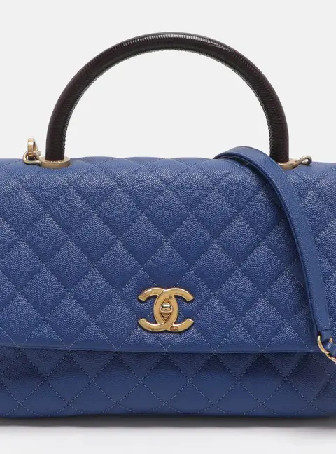 Chanel Coco Blue/Burgundy Quilted Caviar Leather and Lizard Embossed Top Handle Bag