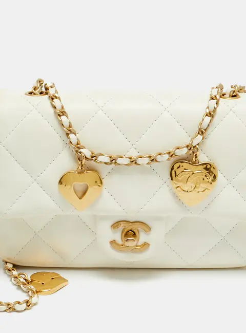 Chanel Heart Charm Classic Single New Mini White Quilted Leather Flap Bag