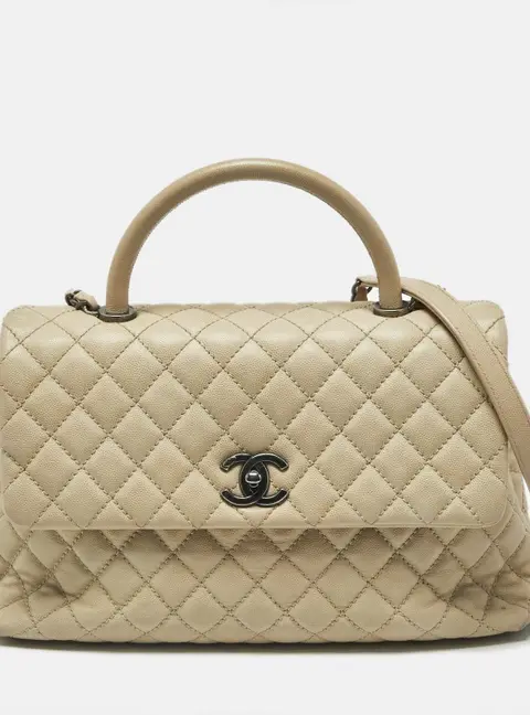 Chanel Coco Handle Beige Medium Caviar Quilted Leather Top Handle Bag