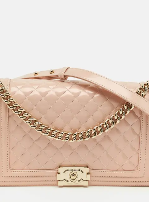 Chanel Boy New Medium Metallic Pink Quilted Patent Leather Flap Bag