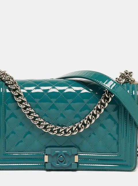 Chanel Boy Medium Blue Quilted Patent Leather Flap Bag