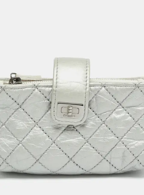Chanel CC O Silver Quilted Leather Phone Pouch