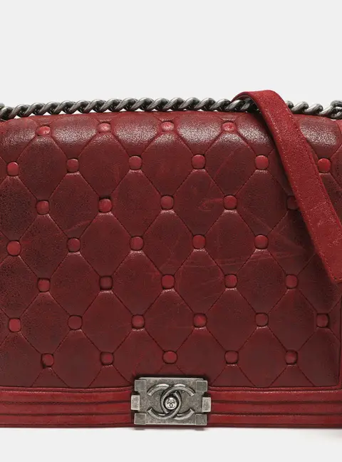 Chanel Boy Large Burgundy Chesterfield Quilted Nubuck Leather Flap Bag