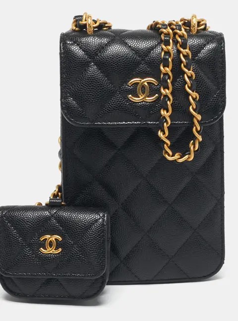 Chanel Black Quilted Caviar Leather Phone Holder Crossbody Bag