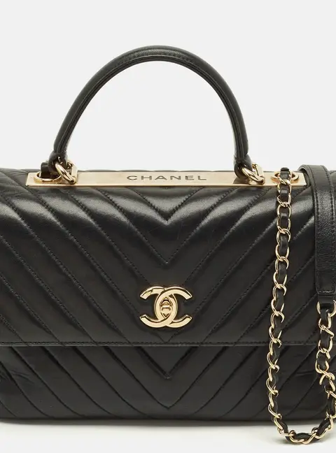Chanel Trendy CC Medium Black Chevron Leather Top Handle Bag
