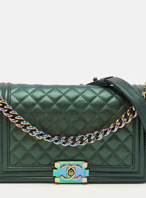 Chanel Boy Medium Metallic Green Quilted Leather Flap Bag