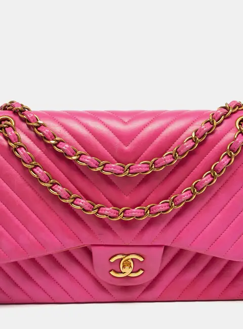 Chanel Classic Double Flap Jumbo Pink Chevron Leather Shoulder Bag