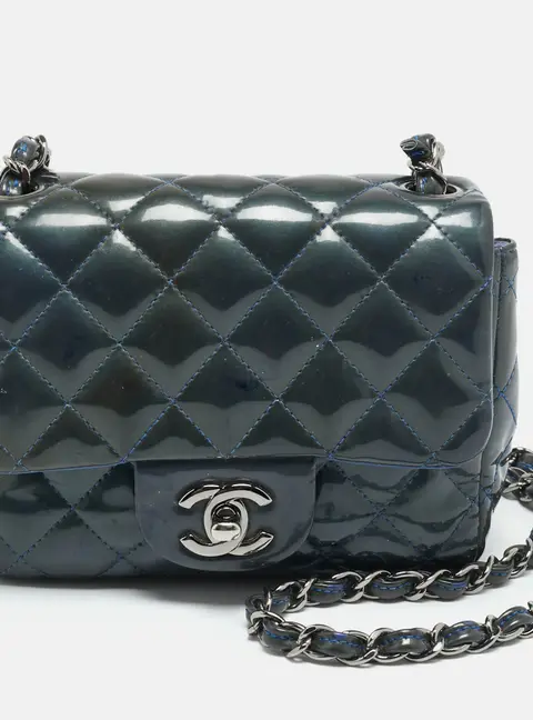 Chanel Square Classic Single Flap Mini Dark Teal Quilted Patent Leather Bag