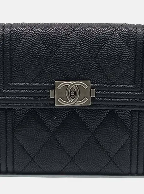 Chanel Boy Small Black Quilted Caviar Calfskin Leather Flap Wallet Bag