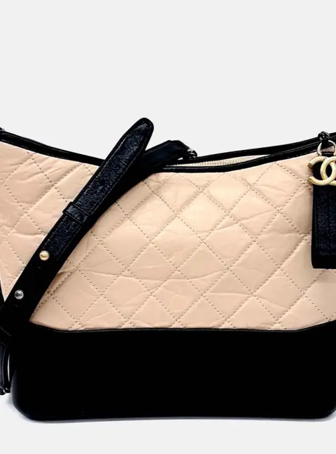 Chanel Gabrielle Hobo Medium Beige Black Goatskin Leather Hobo Bag