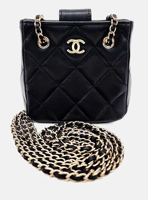 Chanel Quilted Tiny Shopping Mini Black Lambskin Leather Clutch Bag