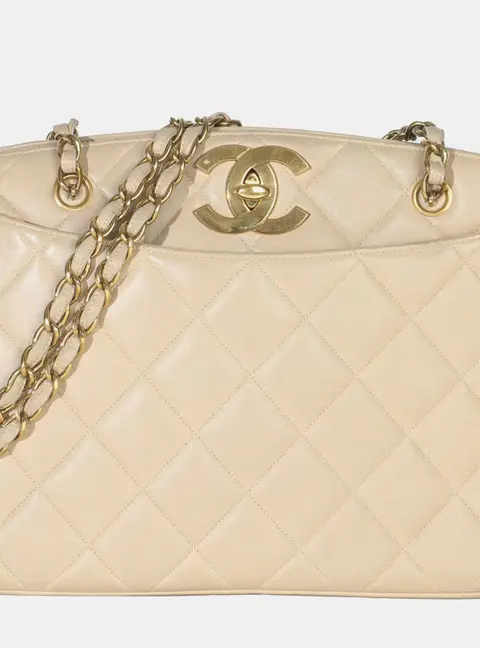 Chanel Vintage Quilted CC Small Beige Lambskin Leather Shoulder Tote Bag