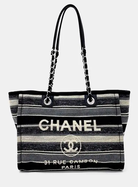 Chanel Deauville Large Black Grey White Fabric Tote Bag