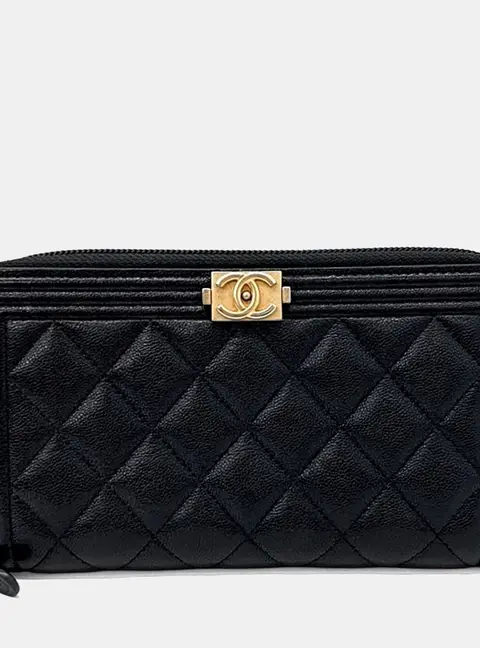 Chanel Boy Black Quilted Caviar Leather Long Wallet