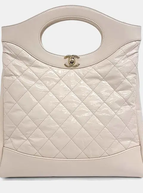 Chanel 31 Shopping Small Beige Patent Leather and Leather Top Handle Bag