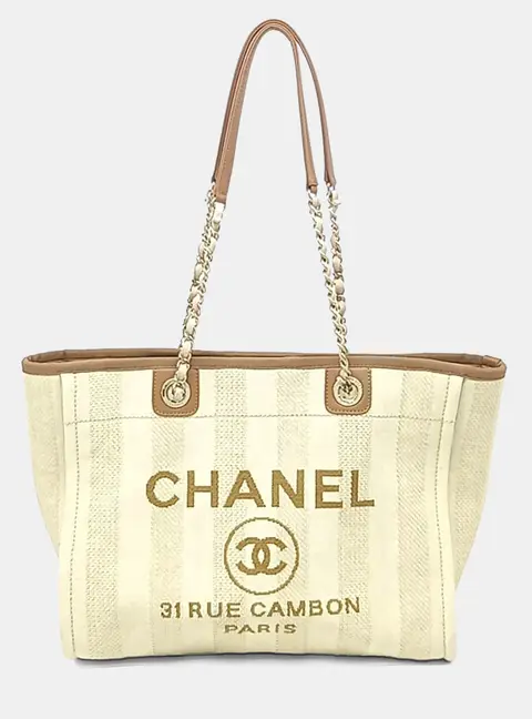 Chanel Deauville Beige Canvas Leather Large Tote Bag
