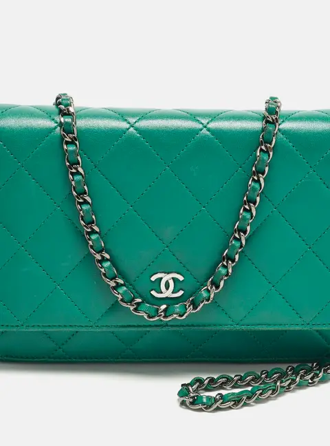 Chanel Classic CC Green Quilted Leather Wallet On Chain