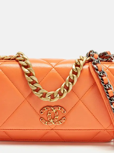 Chanel 19 Orange Quilted Leather Wallet On Chain