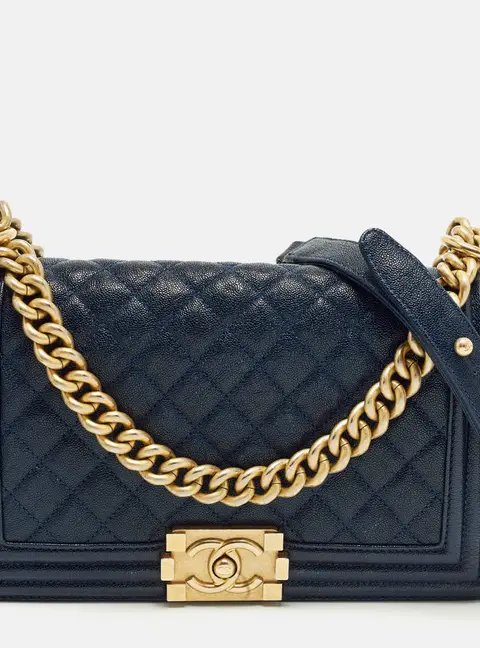 Chanel Boy Medium Dark Blue Quilted Caviar Leather Flap Bag