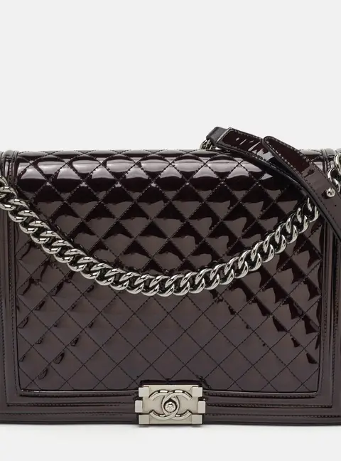 Chanel Boy Large Black Quilted Patent Leather Flap Bag