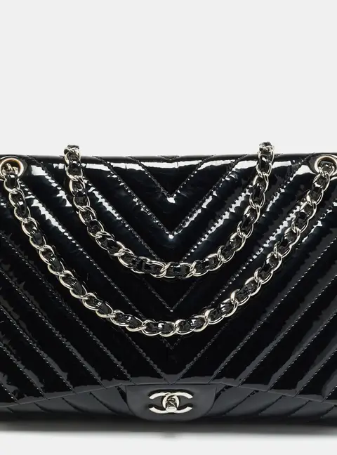 Chanel Classic Single Flap Maxi Black Chevron Patent Leather Bag