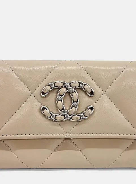 Chanel 19 Beige Lambskin Leather Card Holder Wallet Bag