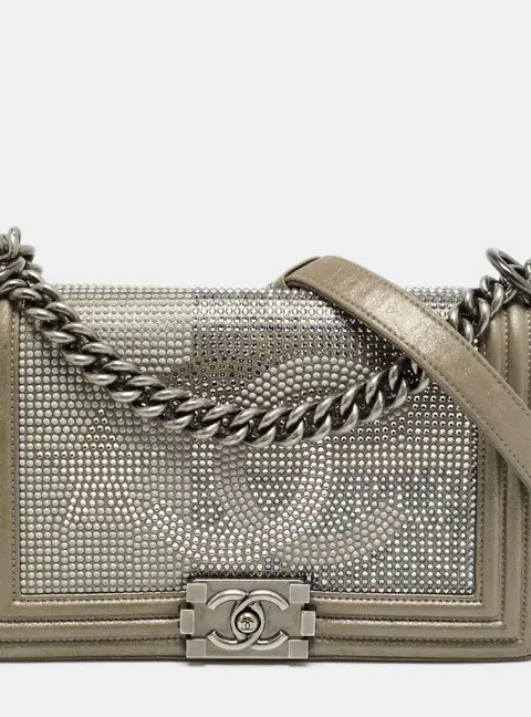 Chanel CC Crystal Boy Medium Grey Leather Flap Bag