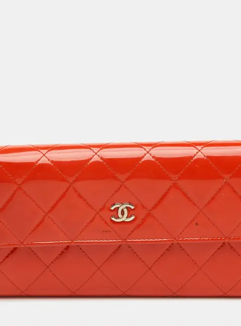 Chanel CC Orange Quilted Patent Leather Long Flap Wallet