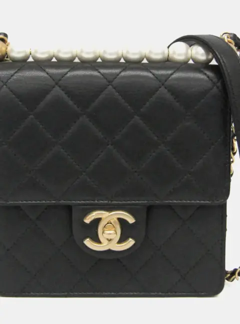 Chanel Matelasse Black Leather & Artificial Pearl Chain Shoulder Bag