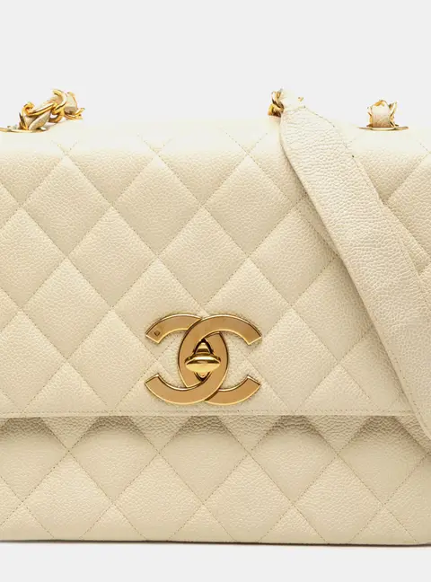 Chanel XL CC Square Single Flap Beige Caviar Leather Shoulder Bag