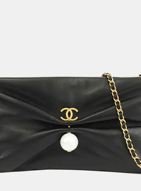 Chanel Pearl Black Shiny Lambskin Leather Clutch with Chain