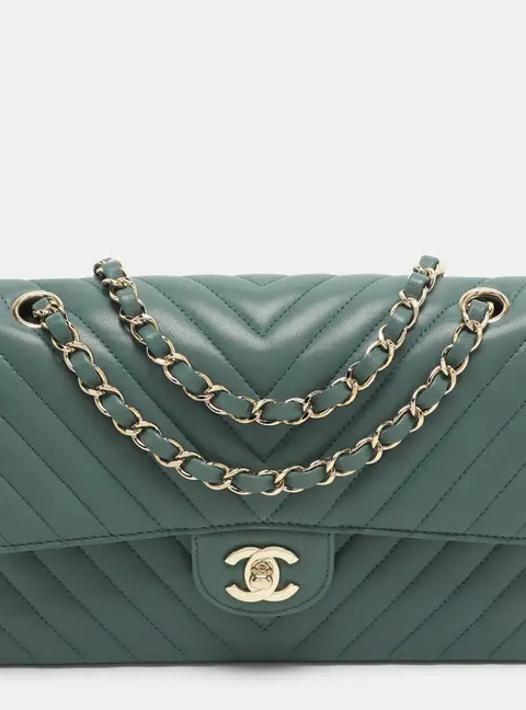Chanel Classic Double Flap Medium Green Chevron Leather Shoulder Bag
