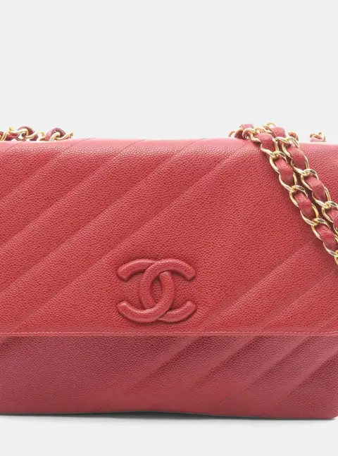 Chanel Bias-Stitch Red Grained Calfskin Leather Shoulder Bag