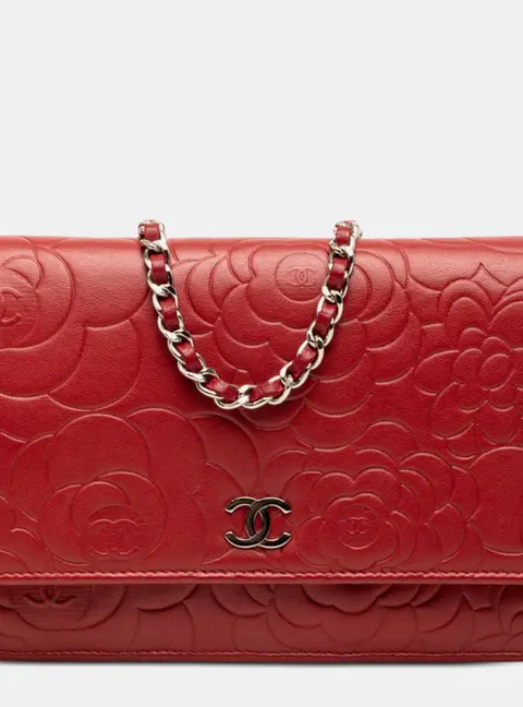 Chanel CC Camellia Red Embossed Lambskin Leather Wallet on Chain