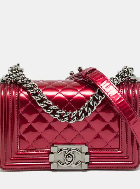 Chanel Boy Small Magenta Quilted Patent Leather Flap Bag