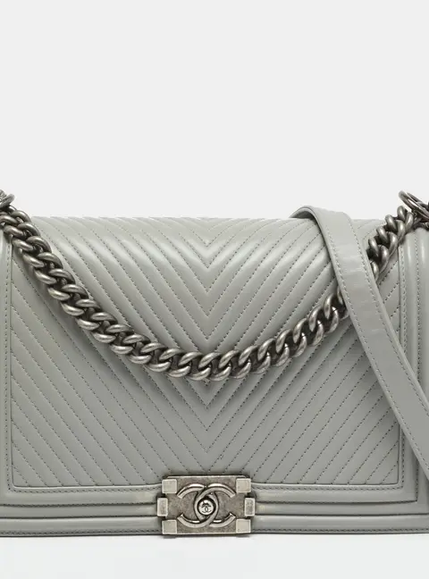 Chanel Boy New Medium Grey Chevron Leather Flap Bag