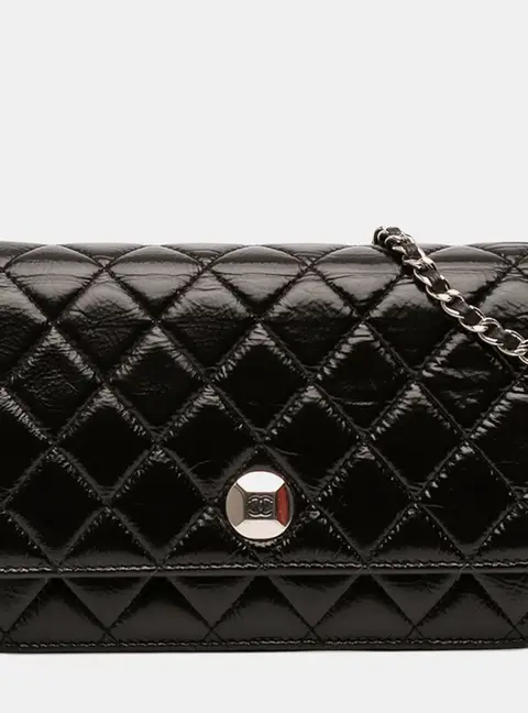 Chanel CC Black Quilted Crinkled Patent Leather Wallet on Chain
