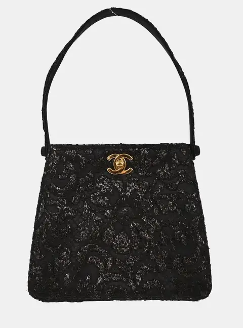 Chanel Shoulder Bag Black Satin Lace Fabric Shoulder Bag