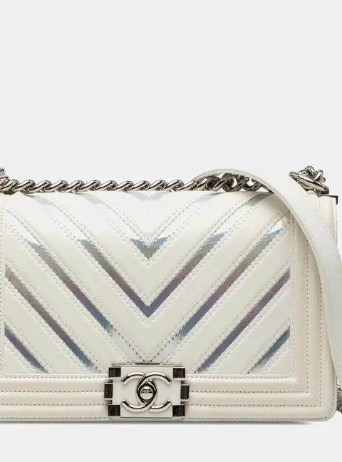 Chanel Boy Medium White Chevron Lambskin & Iridescent PVC Flap Bag