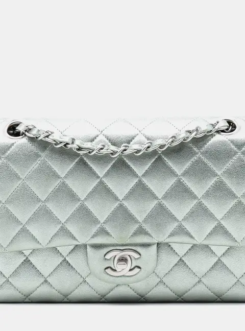 Chanel Classic Medium Silver Metallic Lambskin Leather Double Flap Bag